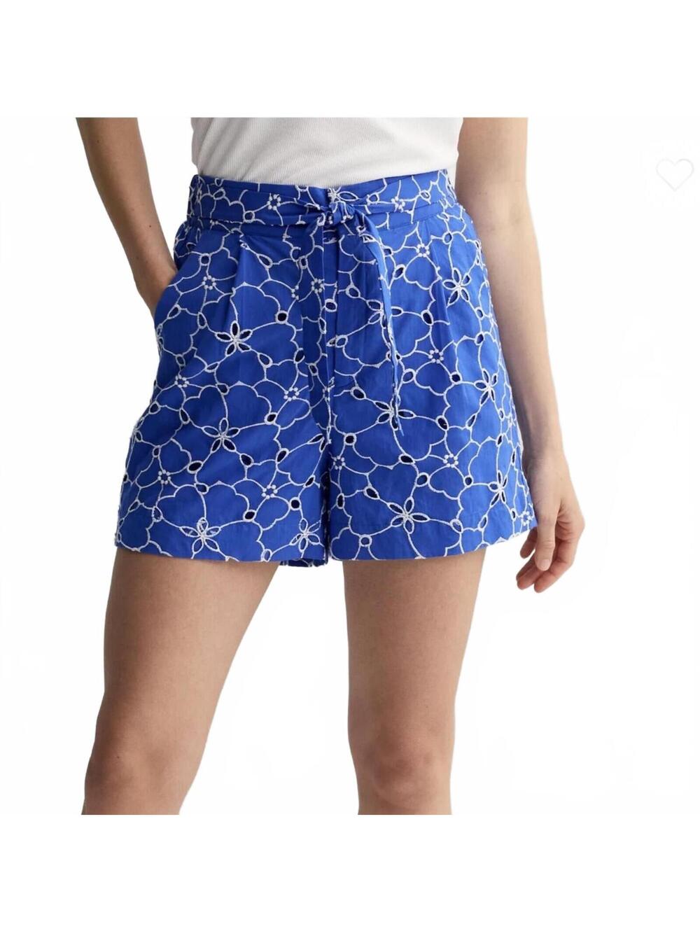 Draper James Blue Floral Eyelet High Waist Shorts with Tie Belt Size M